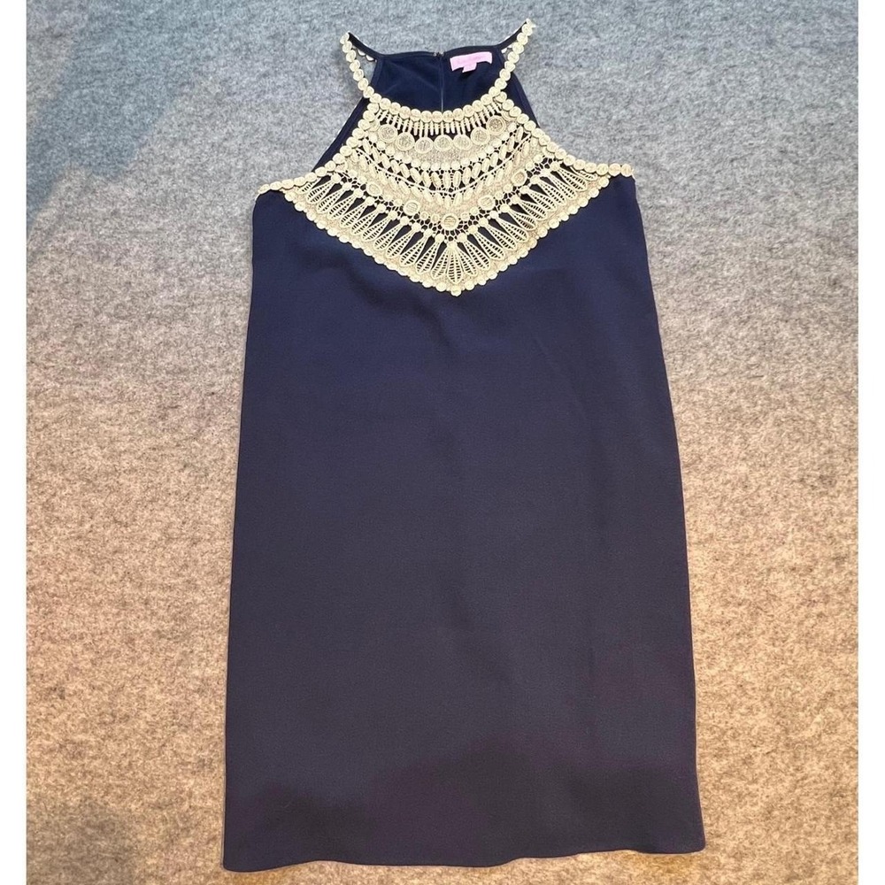 Lilly Pulitzer Navy Blue and Gold Halter Dress Lace Sleeveless Size 4